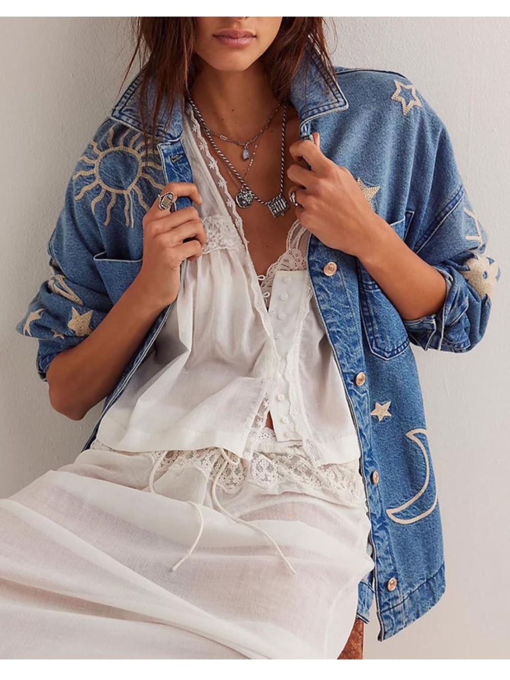 Embroidered Blue Denim Jean Jacket with Celestial Motifs - Picture 3 of 5